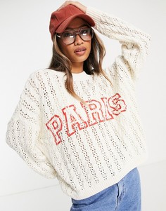 Кремовый oversized-джемпер ажурной вязки с надписью "Paris" Only-Светло-бежевый цвет