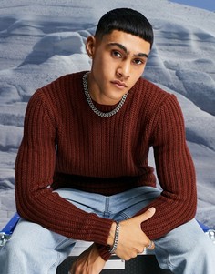 Каштановый джемпер в рубчик с круглым вырезом из плотной ткани ASOS DESIGN-Коричневый цвет