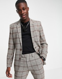 Бежевый приталенный пиджак в клетку ASOS DESIGN-Коричневый цвет