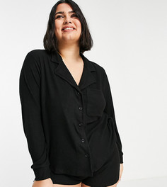 Черная пижама из мягкой ткани в рубчик с рубашкой и шортами ASOS DESIGN Curve-Черный цвет