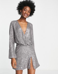 Серебристое платье мини с драпировкой и пуговицами ASOS DESIGN-Серебристый