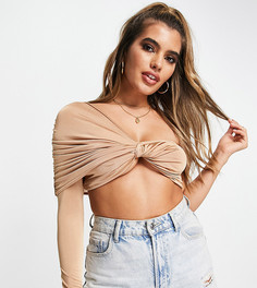 Бежевый кроп-топ на одно плечо с узлом спереди от комплекта Missguided-Светло-бежевый цвет