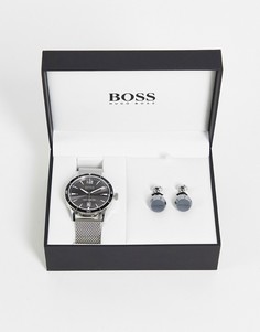 Подарочный набор в коробке из мужских часов с сетчатым ремешком и запонок серебристого цвета Boss-Серебряный