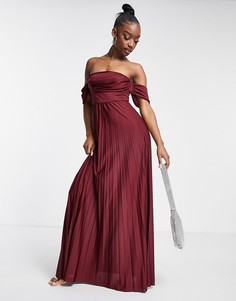 Темно-бордовое плиссированное платье макси с открытыми плечами и драпировкой на вороте ASOS DESIGN-Красный