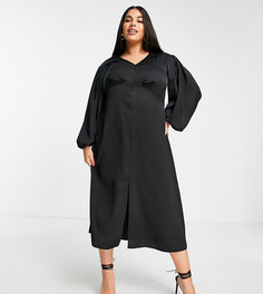 Черное платье миди с завышенной линией талии и объемными рукавами Closet London Plus-Черный цвет