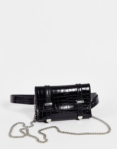 Сумка с ремнем черного цвета с выделкой под крокодила и серебристой цепочкой Glamorous-Черный цвет
