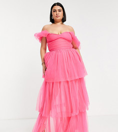 Эксклюзивное ярко-розовое платье макси из тюля с открытыми плечами Lace & Beads Plus-Розовый цвет