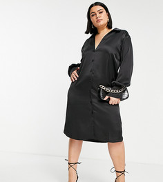 Свободное атласное платье-рубашка миди черного цвета с глубоким вырезом ASOS DESIGN Curve-Черный цвет