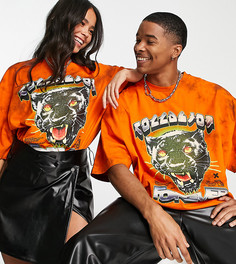 Футболка стиле oversized с принтом тай-дай и принтом животного COLLUSION Unisex-Оранжевый цвет