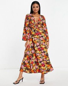 Чайное платье миди с цветочным принтом и завязкой спереди ASOS DESIGN-Разноцветный