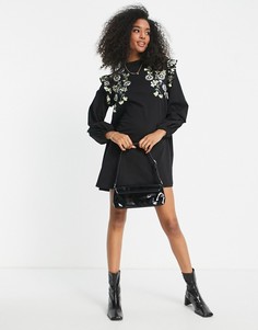 Черное свободное платье мини с оборками на рукавах и вышивкой ромашек ASOS DESIGN-Черный цвет