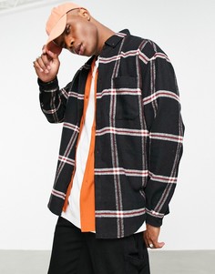 Черная oversized-рубашка в стиле 90-х с принтом в крупную клетку из ткани с добавлением шерсти ASOS DESIGN-Черный цвет