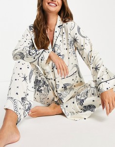 Кремово-синий пижамный комплект из рубашки и брюк с космическим принтом ASOS DESIGN-Белый