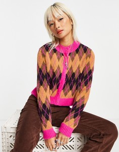 Вязаный укороченный кардиган с ромбами яркой пестрой расцветки Topshop-Разноцветный