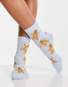 Синие носки до щиколотки с новогодним принтом имбирных пряников ASOS DESIGN-Голубой