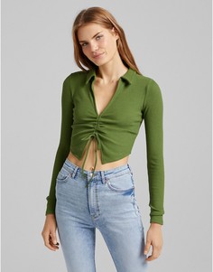 Зеленый лонгслив со сборками спереди и воротником Bershka-Зеленый цвет