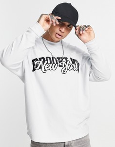 Oversized-лонгслив из вафельной ткани в полоску с принтом "New York City" ASOS DESIGN-Серый