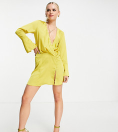 Зеленовато-желтое платье мини косого кроя с драпировкой и пуговицами ASOS DESIGN Petite-Желтый