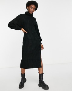 Черное платье миди в рубчик со отворачивающимся воротником ASOS DESIGN-Черный цвет