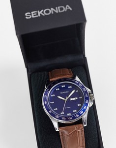 Мужские часы с синим циферблатом и коричневым кожаным ремешком Sekonda-Коричневый цвет