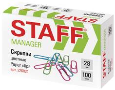 Скрепки STAFF Manager, 28 мм, цветные, 100 шт в картонной коробке, 226821