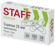 Скрепки STAFF EVERYDAY, 28 мм, оцинкованные, 100 шт в картонной коробке, Россия, 224799