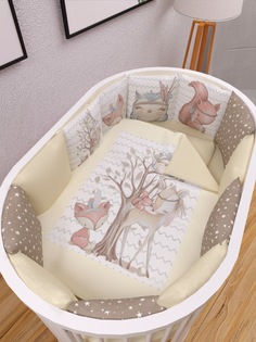 Комплект в кроватку 17 предметов: 5+12 подушек-бортиков AmaroBaby Forest Friends, бежевый