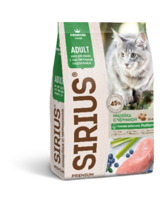 Сухой корм для кошек с чувствительным пищеварением SIRIUS, индейка, 1.5кг