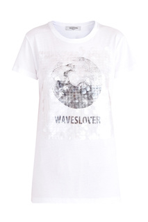 Хлопковая футболка с черно-белой аппликацией и вышивкой пайетками Valentino