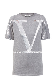 Хлопковая футболка с вышивкой VLOGO из пайеток Valentino