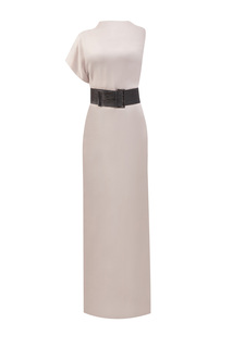 Асимметричное платье из шелка с вышивкой цепочками Мониль на поясе Brunello Cucinelli