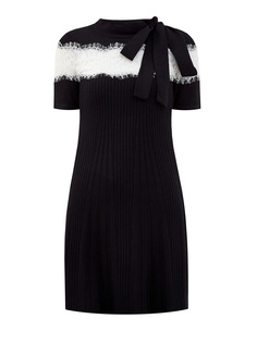 Платье из тонкой шерсти с контрастной кружевной лентой Redvalentino