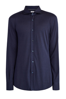 Темно-синяя рубашка из шелкового джерси с французским воротником Brunello Cucinelli