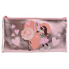 Пенал плоский "Девочка и фламинго" на молнии, кожзам голографический Centrum