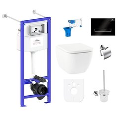 Комплект 9 в 1 Lavinia Boho One Rimless 97020142, безободковый унитаз, сиденье микролифт, инсталляция, крепление, клавиша смыва, шумоизоляция, диспенсер, ершик, держатель туалетной бумаги