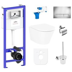 Комплект 9 в 1 Lavinia Boho Biore Rimless 97010062, безободковый унитаз, сиденье микролифт, инсталляция, крепление, клавиша смыва, шумоизоляция, диспенсер, ершик, держатель туалетной бумаги