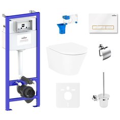 Комплект 9 в 1 Lavinia Boho Biore Compacto Rimless 75110351, безободковый унитаз, сиденье микролифт, инсталляция, крепление, клавиша смыва, шумоизоляция, диспенсер, ершик, держатель туалетной бумаги