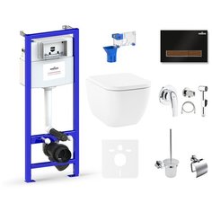 Комплект 10 в 1 Lavinia Boho One Rimless 75110590, безободковый унитаз, сиденье микролифт, инсталляция, крепление, клавиша смыва, шумоизоляция, диспенсер, ершик, смеситель с гигиеническим душем, держатель туалетной бумаги