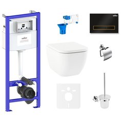 Комплект 9 в 1 Lavinia Boho One Rimless 75110333, безободковый унитаз, сиденье микролифт, инсталляция, крепление, клавиша смыва, шумоизоляция, диспенсер, ершик, держатель туалетной бумаги