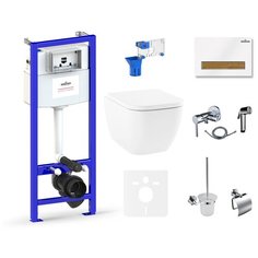 Комплект 10 в 1 Lavinia Boho One Rimless 75110574, безободковый унитаз, сиденье микролифт, инсталляция, крепление, клавиша смыва, шумоизоляция, диспенсер, смеситель с гигиеническим душем, ершик, держатель туалетной бумаги