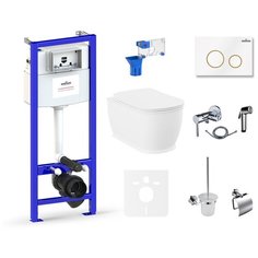 Комплект 10 в 1 Lavinia Boho Bell Pro Rimless 75110479, безободковый унитаз, сиденье микролифт, инсталляция, крепление, клавиша смыва, шумоизоляция, диспенсер, смеситель с гигиеническим душем, ершик, держатель туалетной бумаги