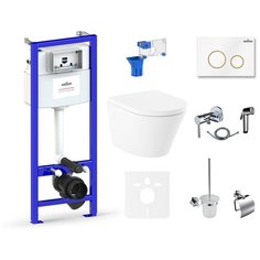 Комплект 10 в 1 Lavinia Boho Biore Compacto Rimless 75110615, безободковый унитаз, сиденье микролифт, инсталляция, крепление, клавиша смыва, шумоизоляция, диспенсер, смеситель с гигиеническим душем, ершик, держатель туалетной бумаги