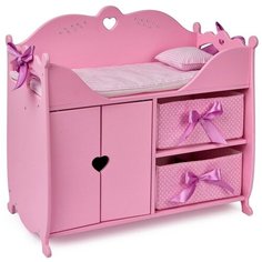Игрушечная кровать деревянная Манюня для куклы с постельным бельем и мягкими корзинками Diamond princess розовая