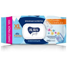 Влажные салфетки Aura Family освежающие XL для всей семьи с витаминным комплексом, 120 шт.
