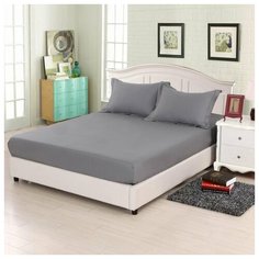 Простынь на резинке с наволочками Tivolyo Home хлопковый сатин делюкс серый 180х200+30