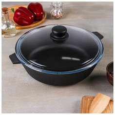 Сковорода чугунная 28 см h=8 см с двумя ушками, стекл. крышка 1311092 Камская Посуда