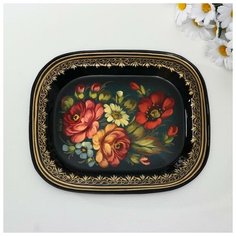 Поднос жостовский "Цветы", ровный, автор Хитров, 26х22 см, малый, прямоугольный 4234070 Сима ленд