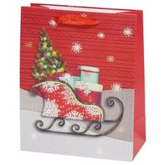 Пакет подарочный, Новогодние санки с подарками, Красный, с блестками, 44*31*12 см, 1 шт. Дон Баллон