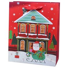 Пакет подарочный, Новогодний домик, Красный, с блестками, 44*31*12 см, 1 шт. Дон Баллон