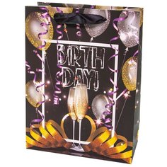 Пакет подарочный, С Днем Рождения! (бокалы шампанского), Черный, 32*26*10 см, 1 шт. Дон Баллон